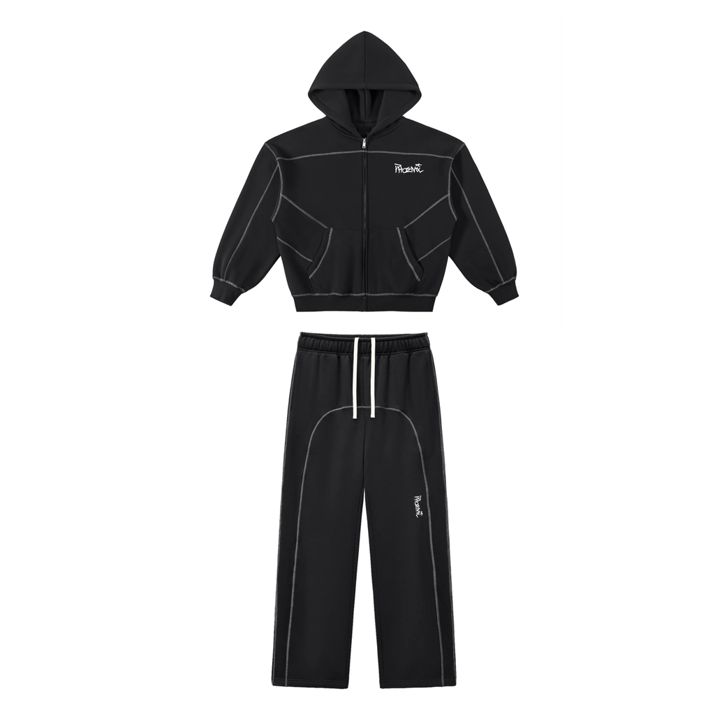 Black contrast stitched zip up tracksuit